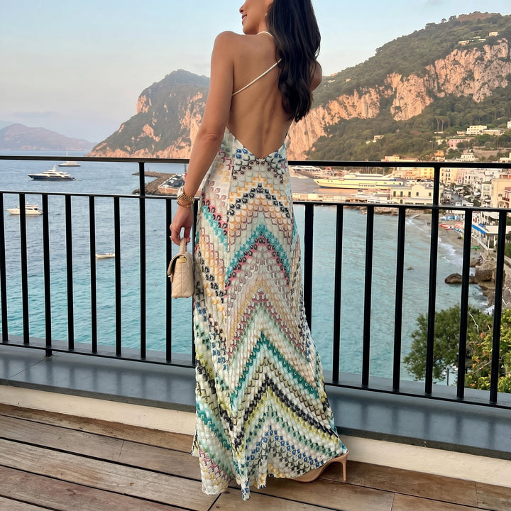 Clara - Women's Summer Chevron Print V-Neck Maxi Dress with Open Back