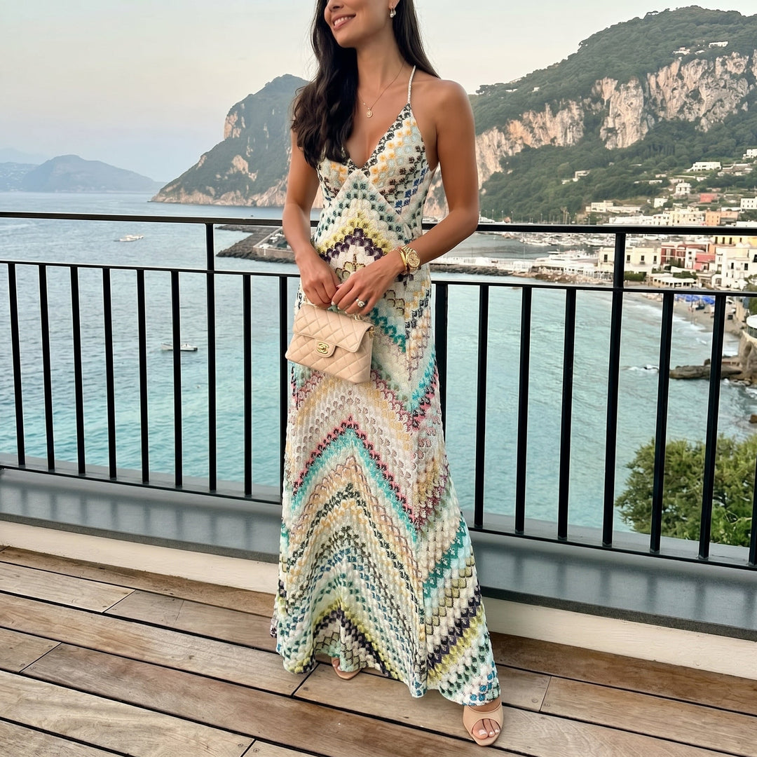 Clara - Women's Summer Chevron Print V-Neck Maxi Dress with Open Back