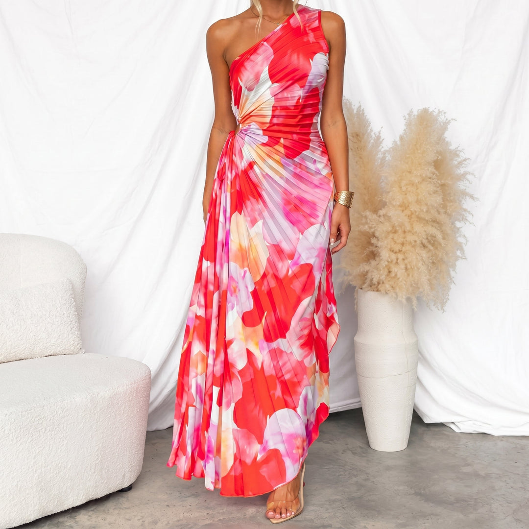 Clara - Women's Summer Floral One-Shoulder Ruched Maxi Dress