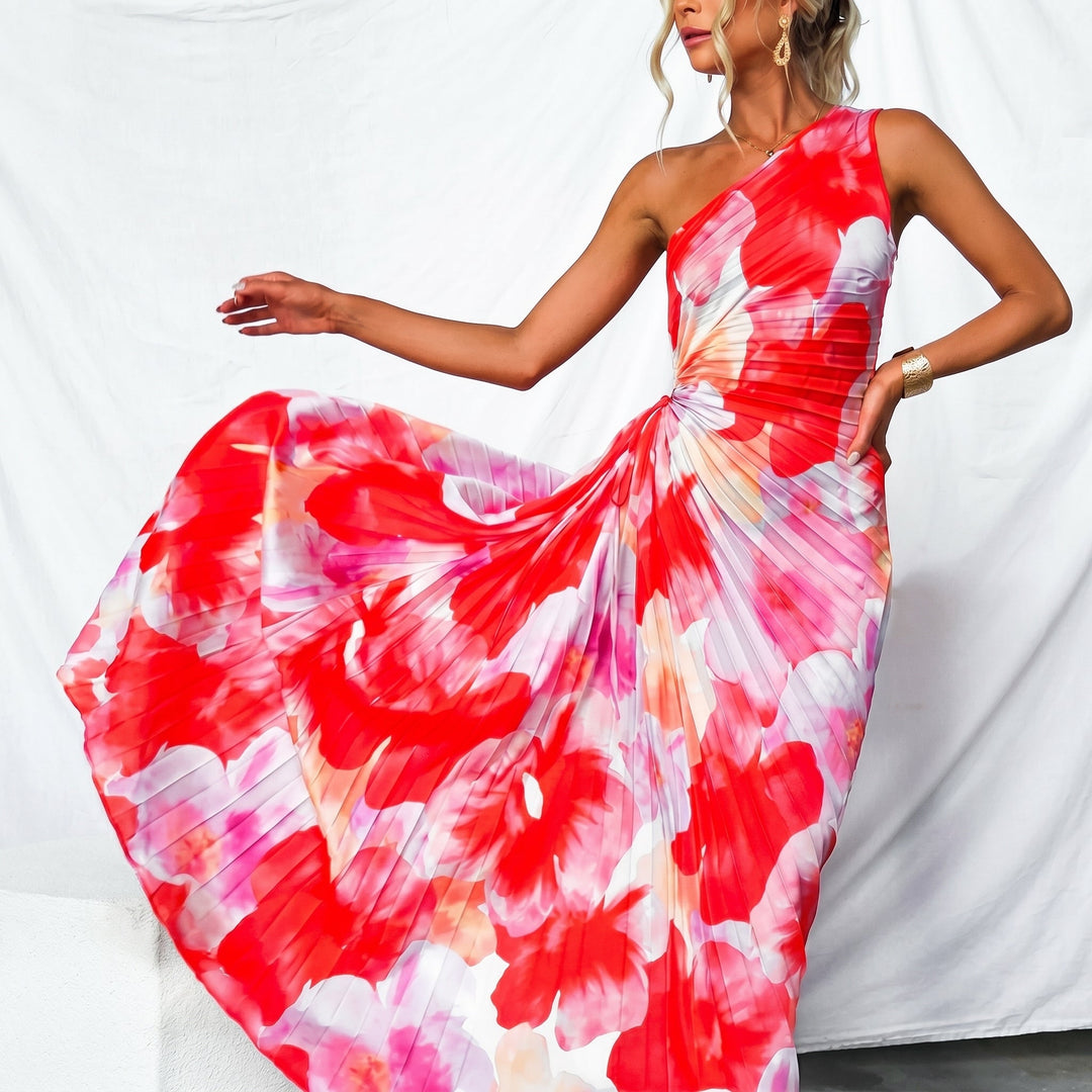 Clara - Women's Summer Floral One-Shoulder Ruched Maxi Dress