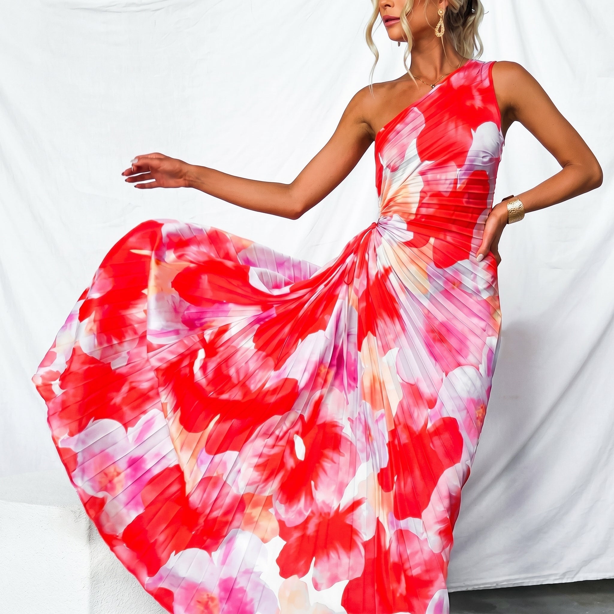 Clara - Women's Summer Floral One-Shoulder Ruched Maxi Dress