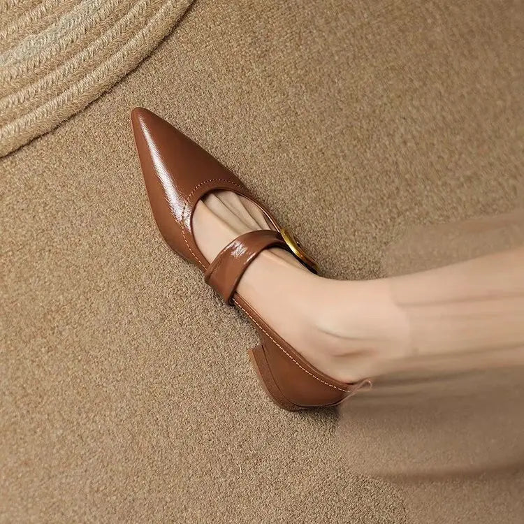 Alice - Women's Pointed Toe Mary Jane Flats with Gold Buckle Strap