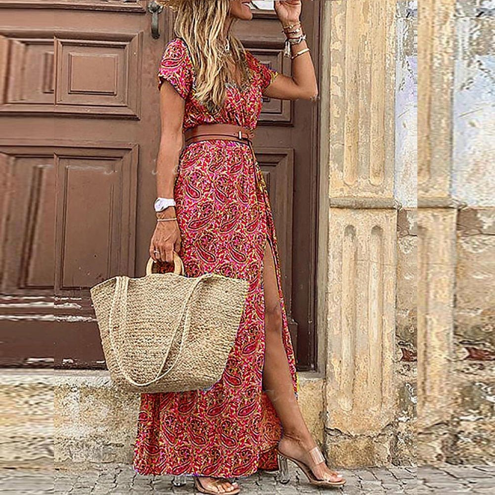 Freya - Women's Summer Boho Floral Wrap Maxi Dress with Belt