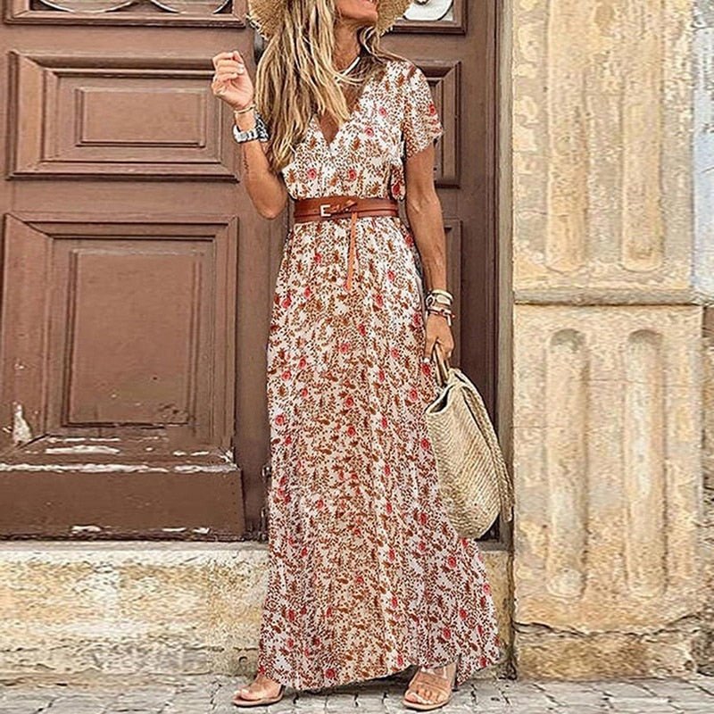 Freya - Women's Summer Boho Floral Wrap Maxi Dress with Belt