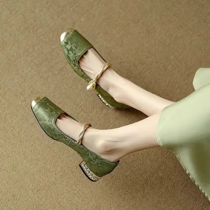 Cecilia - Women's Square Toe Mary Jane Pumps with Pearl Detail