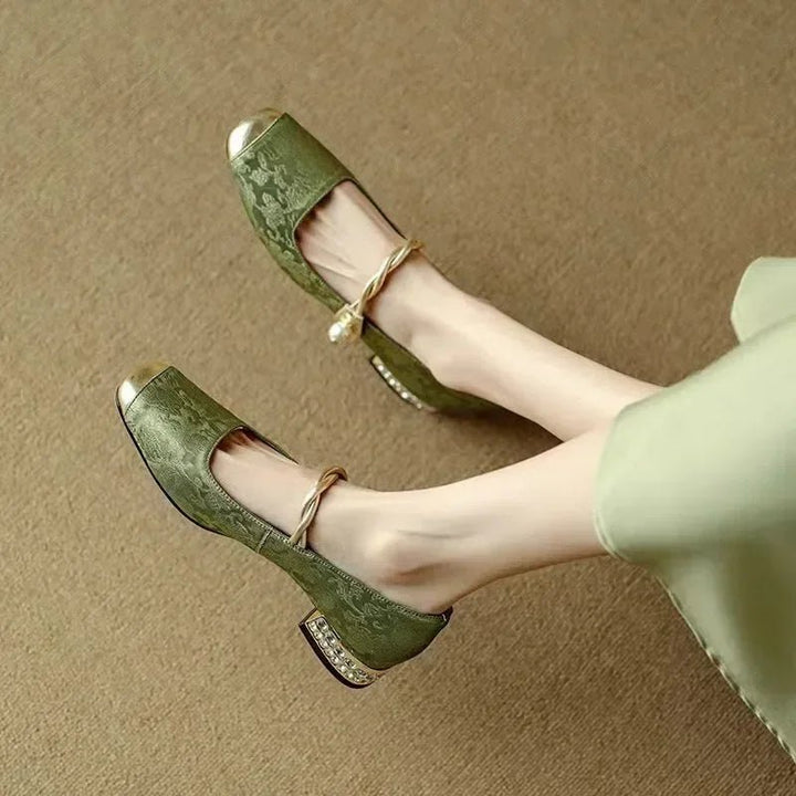 Cecilia - Women's Square Toe Mary Jane Pumps with Pearl Detail