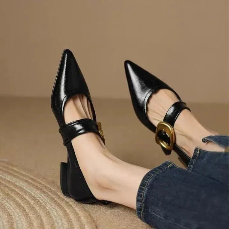 Alice - Women's Pointed Toe Mary Jane Flats with Gold Buckle Strap