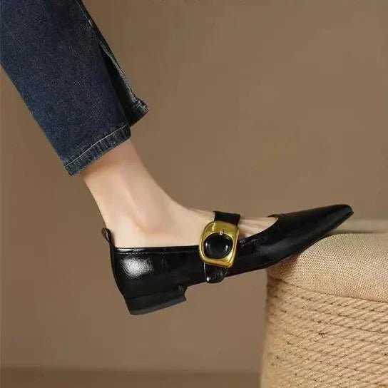 Alice - Women's Pointed Toe Mary Jane Flats with Gold Buckle Strap