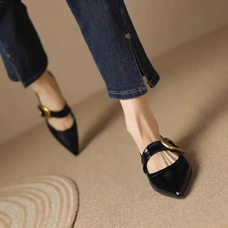 Alice - Women's Pointed Toe Mary Jane Flats with Gold Buckle Strap