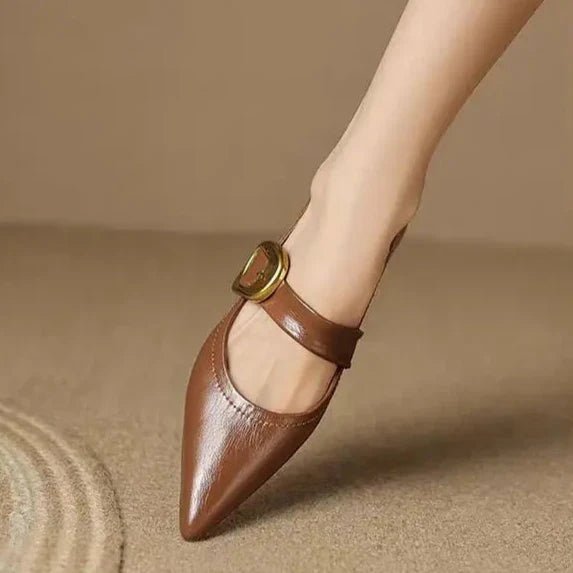 Alice - Women's Pointed Toe Mary Jane Flats with Gold Buckle Strap