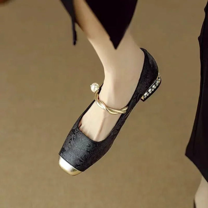 Cecilia - Women's Square Toe Mary Jane Pumps with Pearl Detail