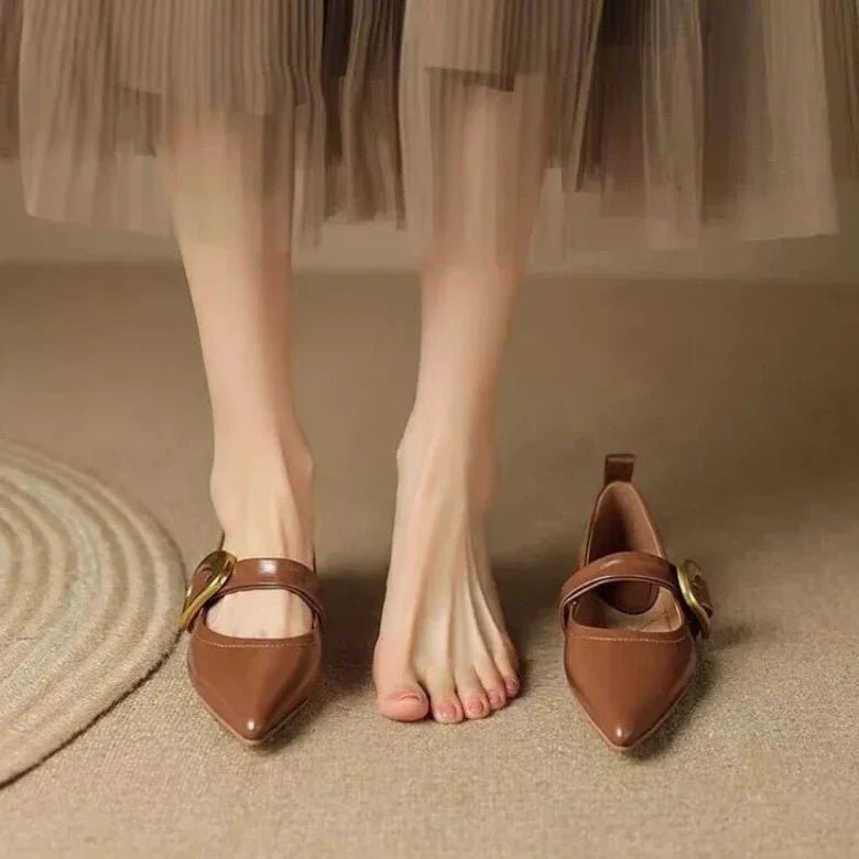 Alice - Women's Pointed Toe Mary Jane Flats with Gold Buckle Strap