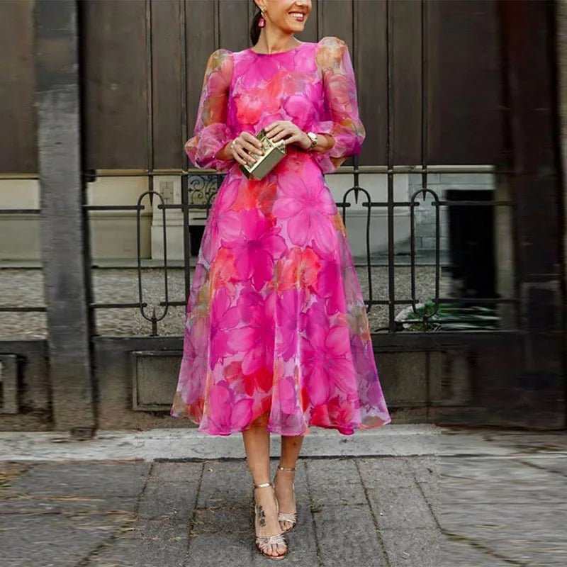 Eleanor - Women's Summer Floral Sheer Long Sleeve Midi Dress