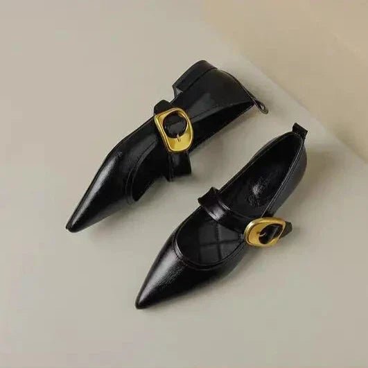 Alice - Women's Pointed Toe Mary Jane Flats with Gold Buckle Strap