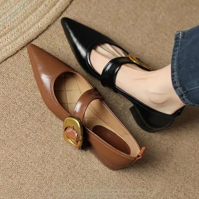 Alice - Women's Pointed Toe Mary Jane Flats with Gold Buckle Strap