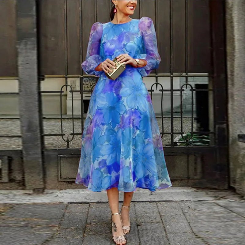 Eleanor - Women's Summer Floral Sheer Long Sleeve Midi Dress