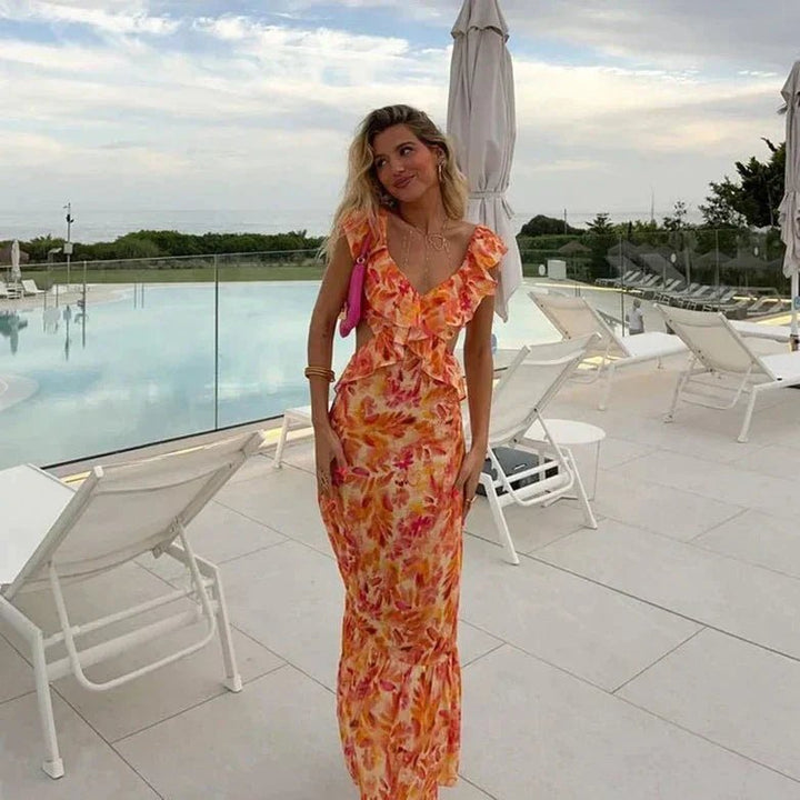 Clara - Women's Summer Floral Print Ruffle Maxi Dress