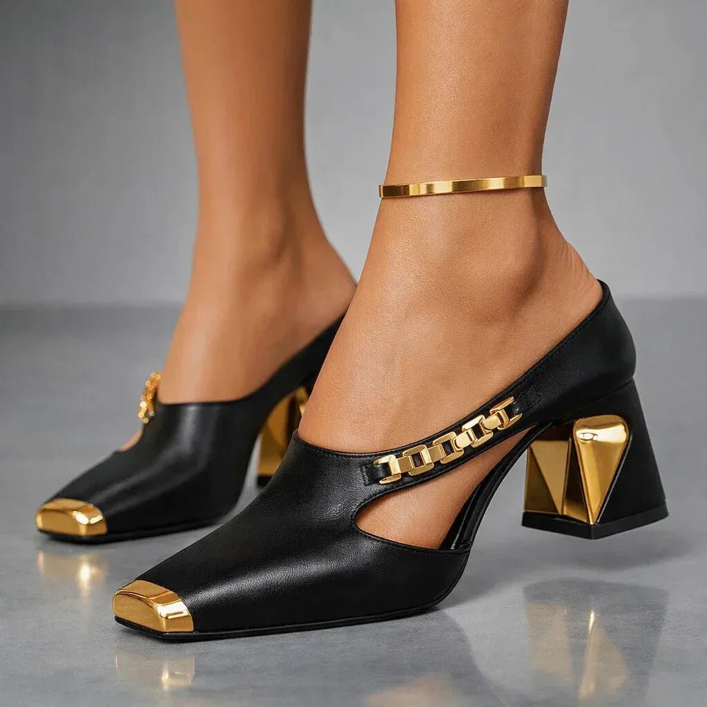 Clara - Women's Block Heel Mules with Gold Toe Cap