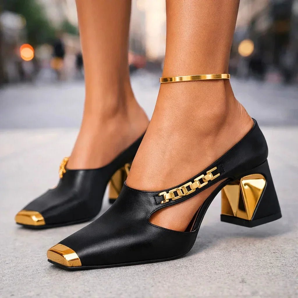 Clara - Women's Block Heel Mules with Gold Toe Cap