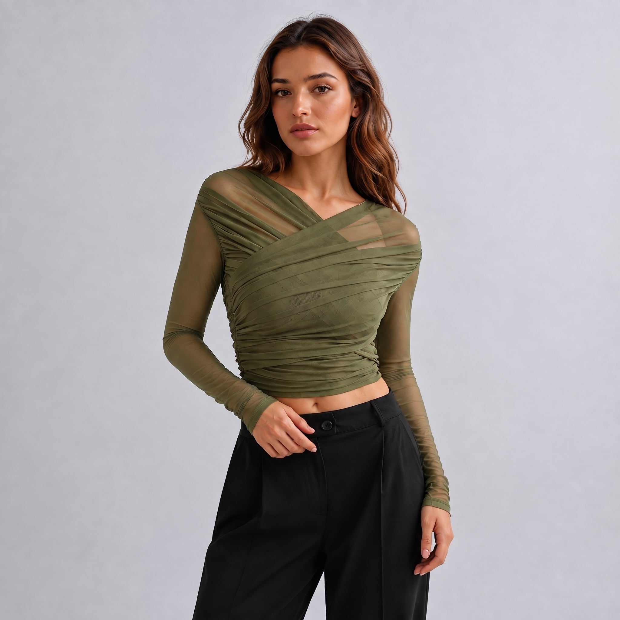 Isabelle - Women's Sheer Mesh Ruched Long Sleeve Crop Top