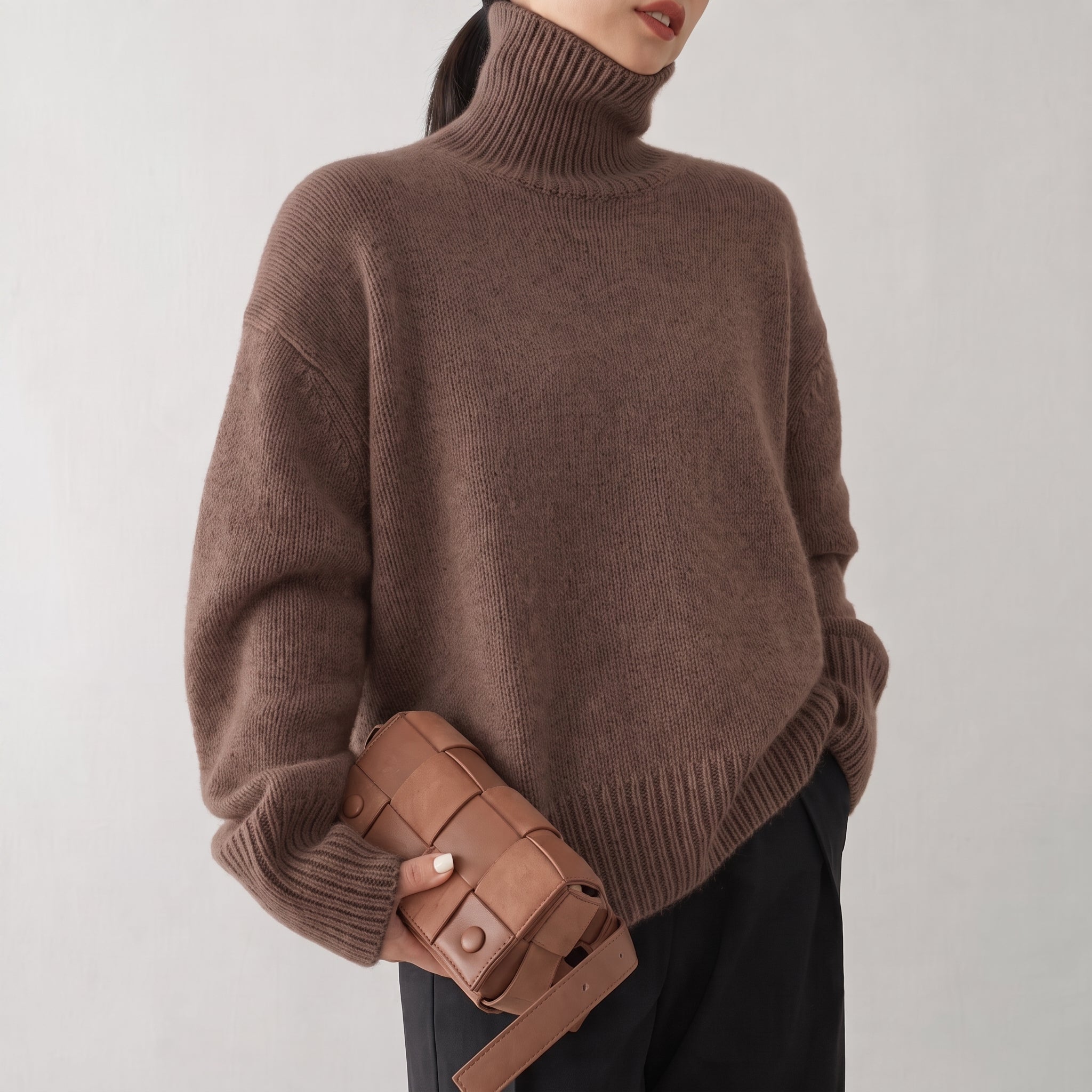 Chloe - Women's Oversized Turtleneck Knit Jumper with Ribbed Cuffs