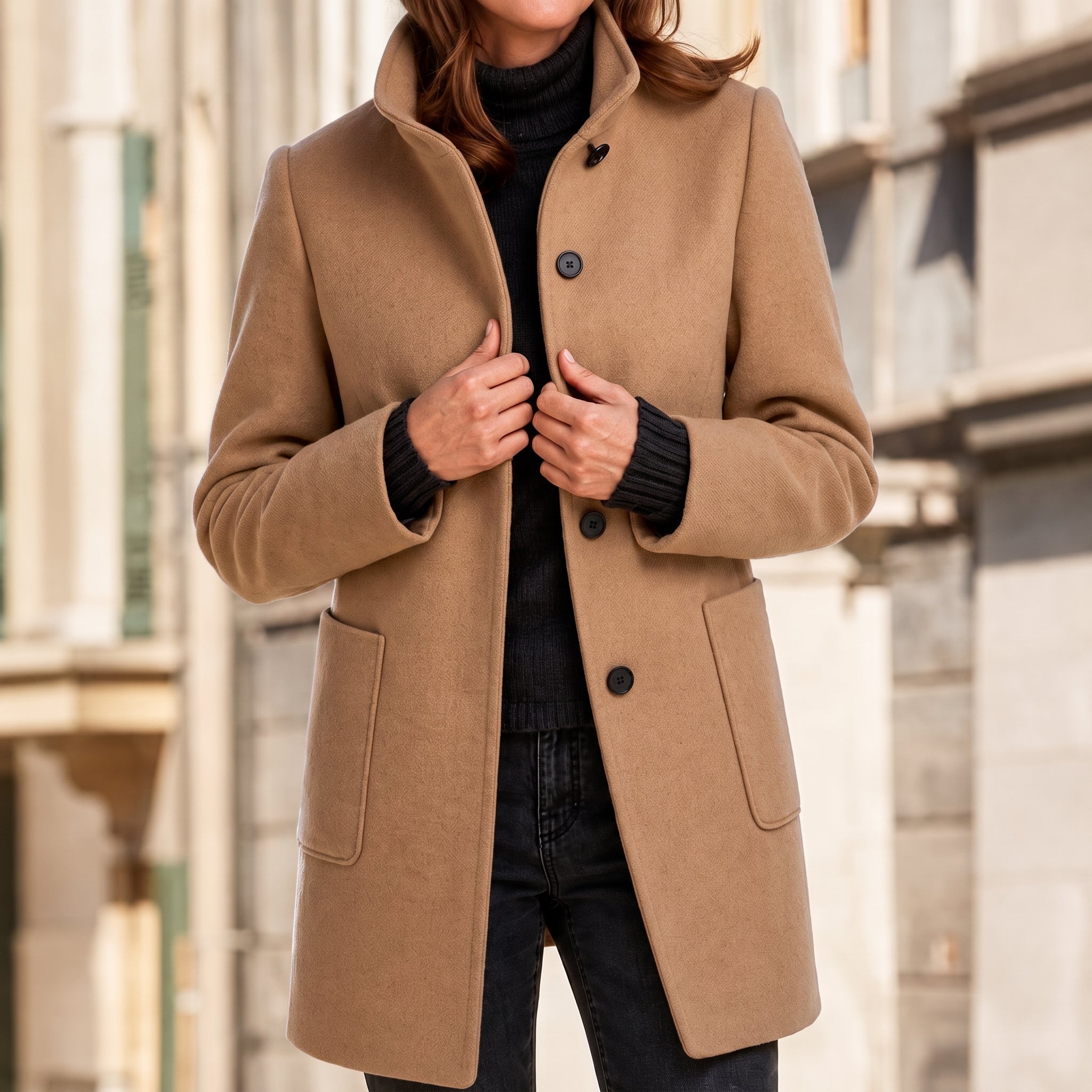 Charlotte - Women's Longline Wool-Look Coat with Stand Collar