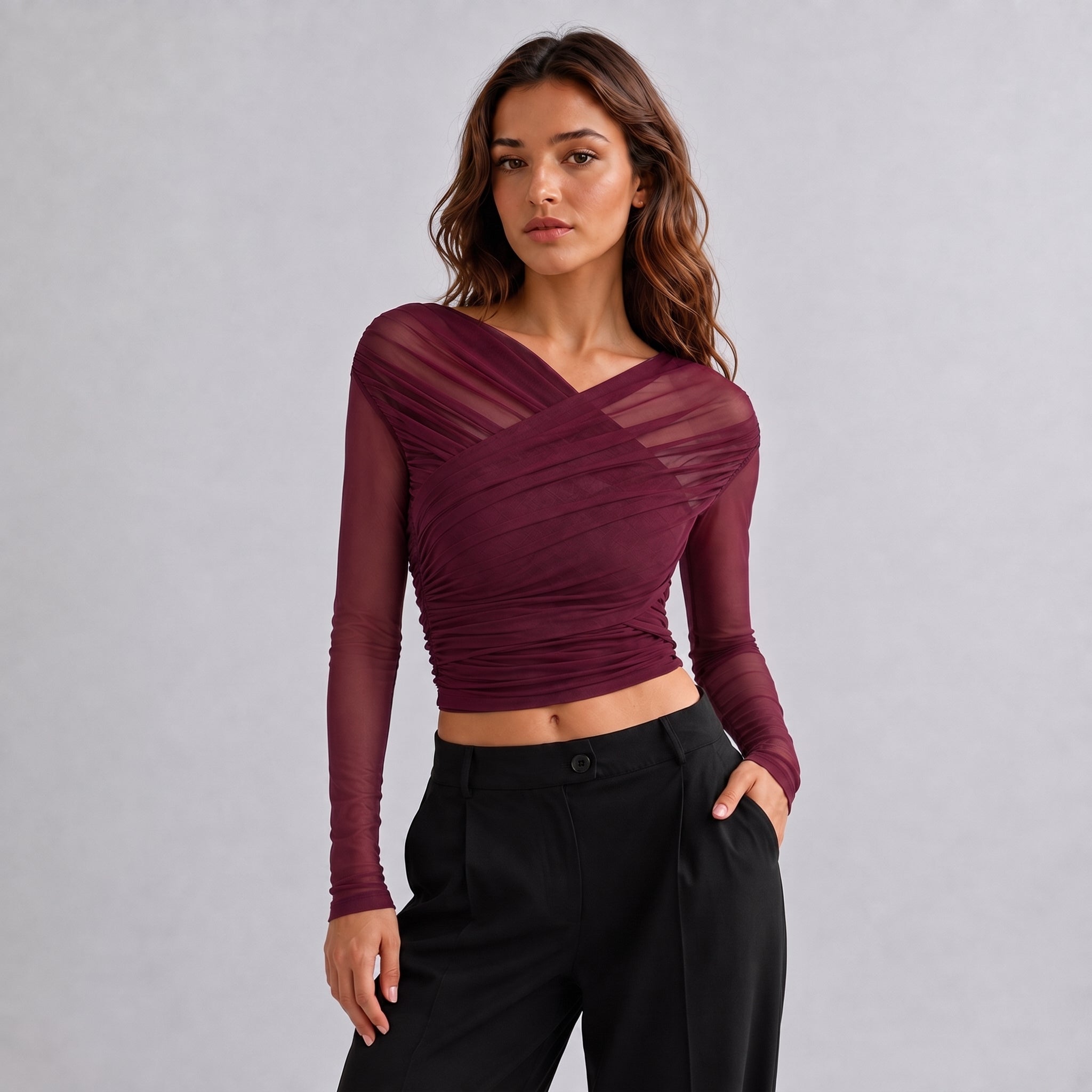 Isabelle - Women's Sheer Mesh Ruched Long Sleeve Crop Top
