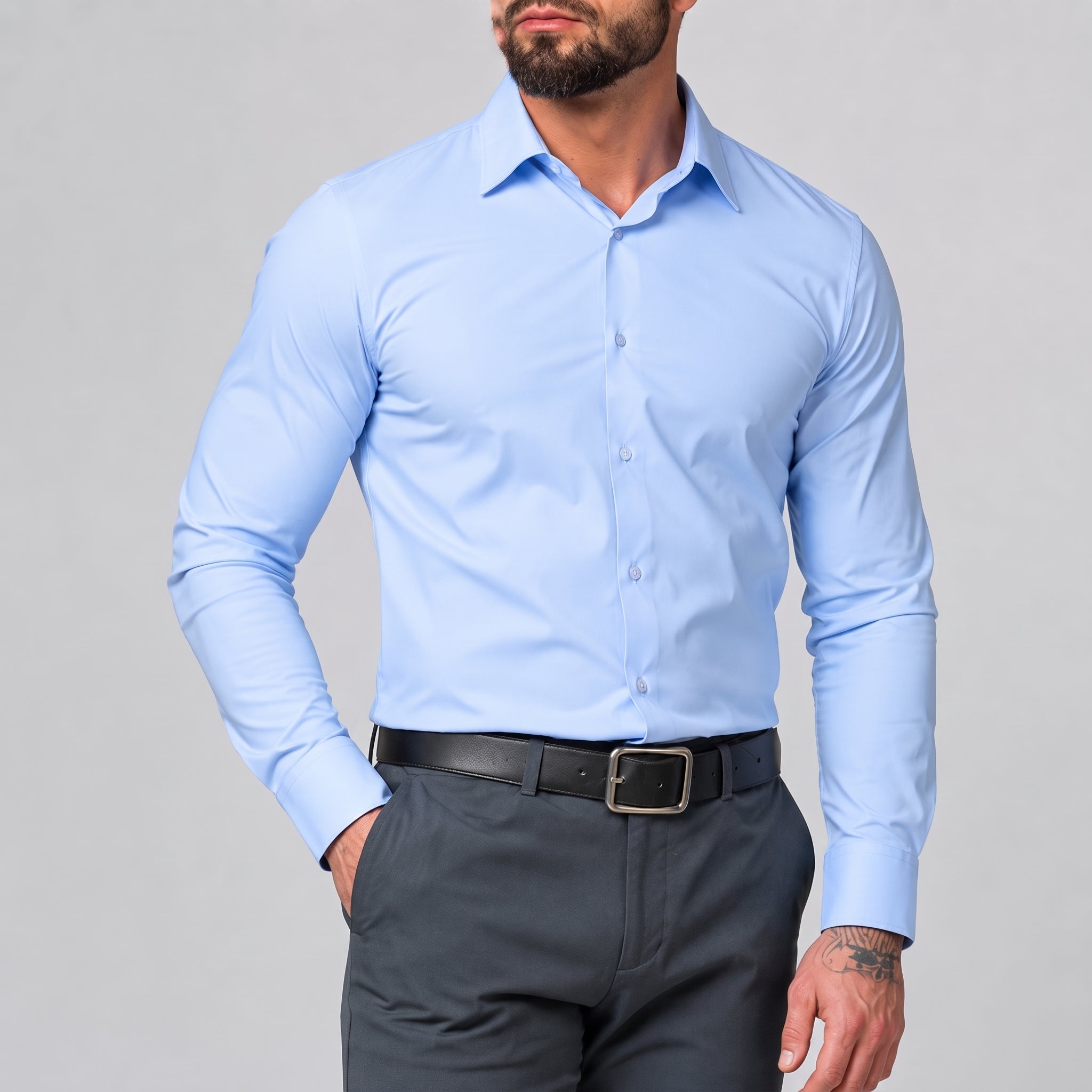 William - Men's Slim Fit Long Sleeve Stretch Shirt with Button Cuffs