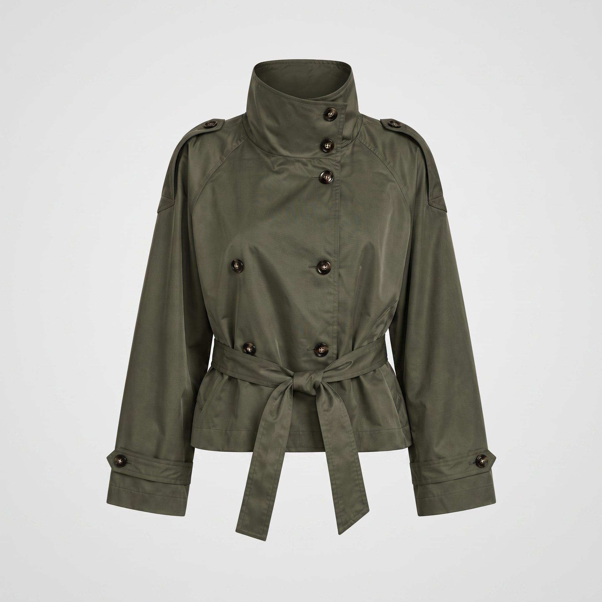 Olivia - Women's Double-Breasted Cropped Trench Jacket with Stand Collar