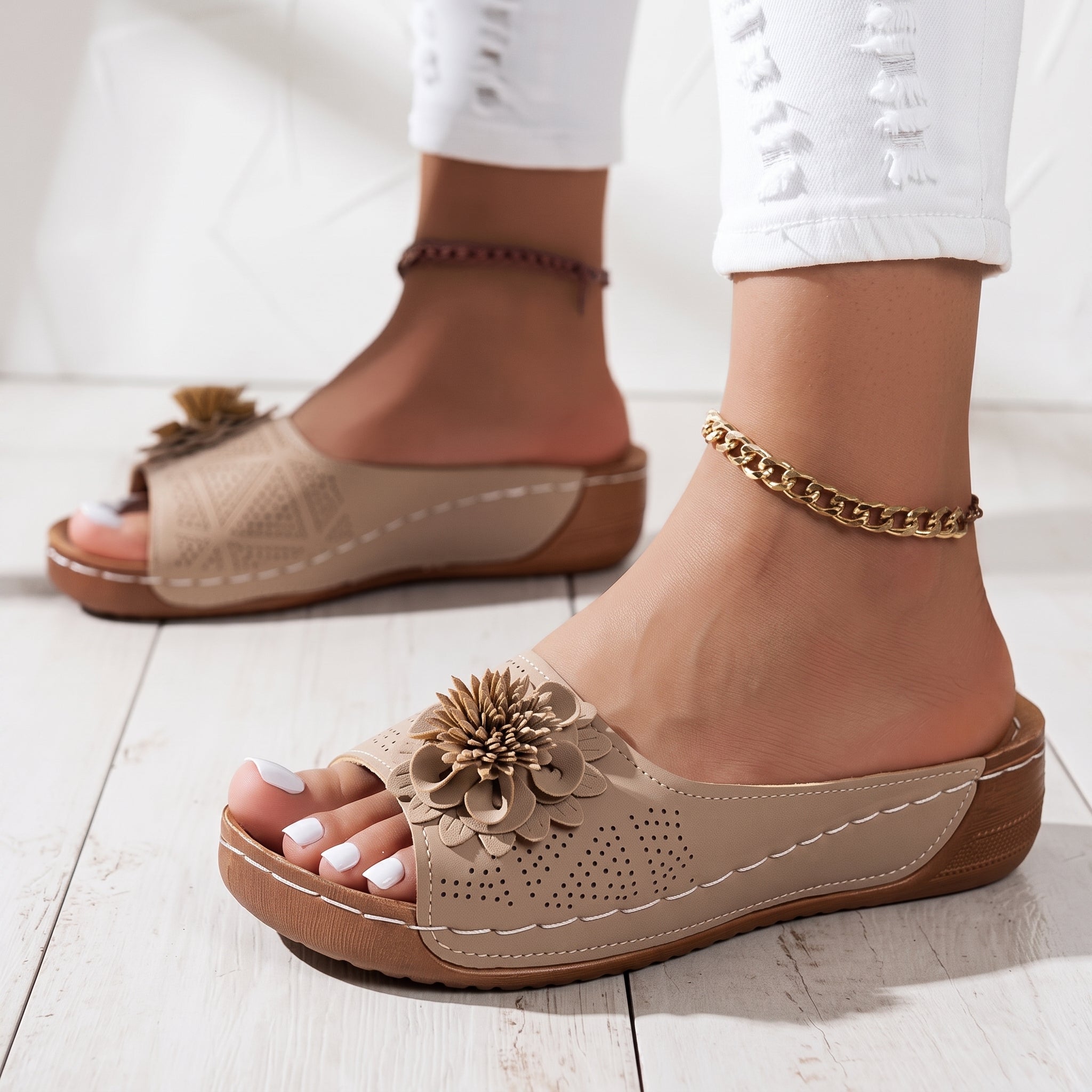 Daisy - Women's Orthopaedic Wedge Mules with Floral Detail
