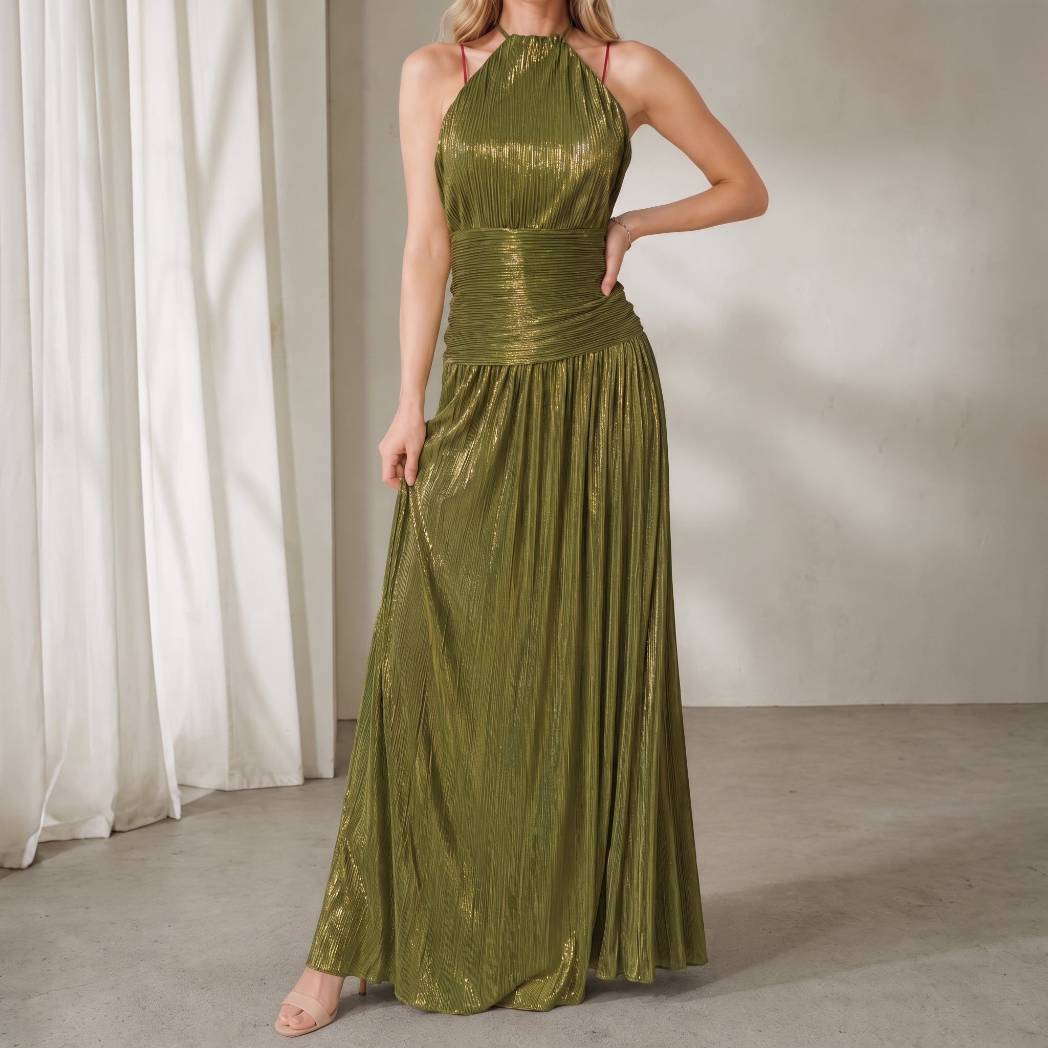Clara - Women's Evening Pleated Halterneck Metallic Maxi Dress
