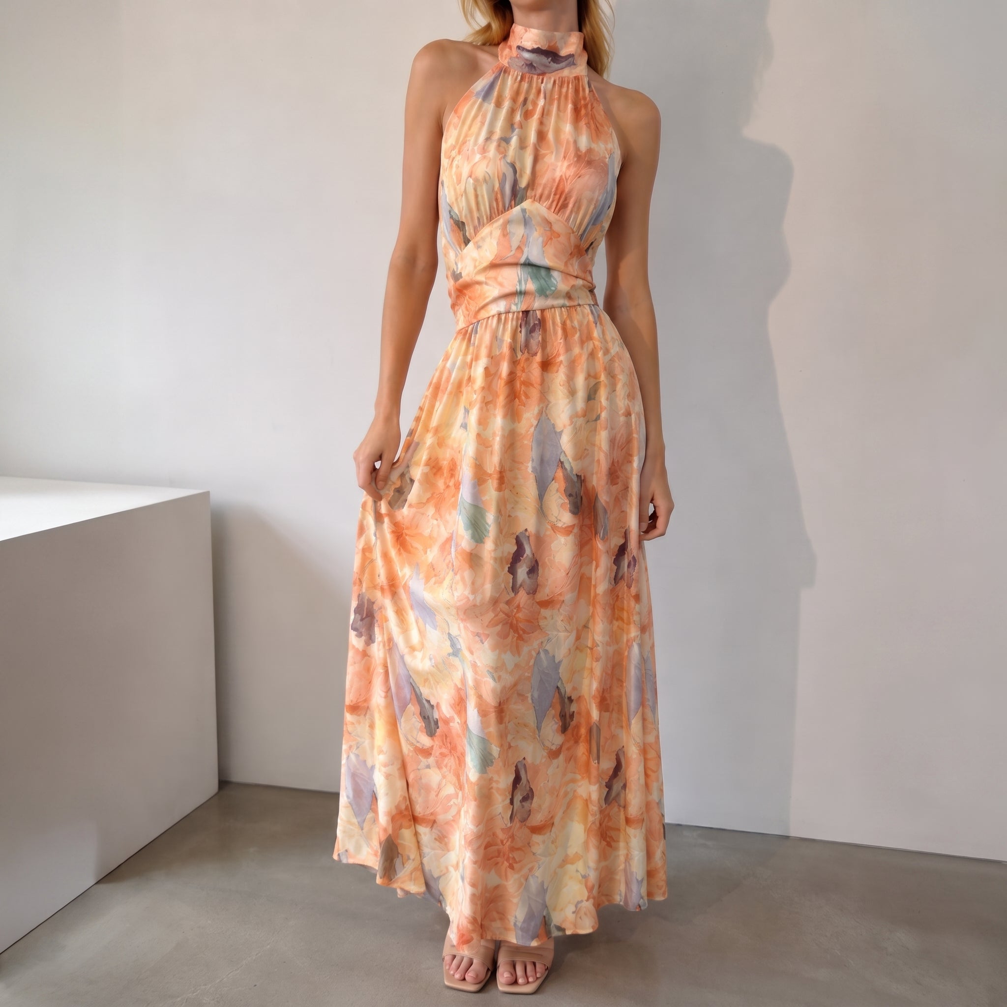 Clara - Women's Summer Floral Halterneck Ruched Maxi Dress