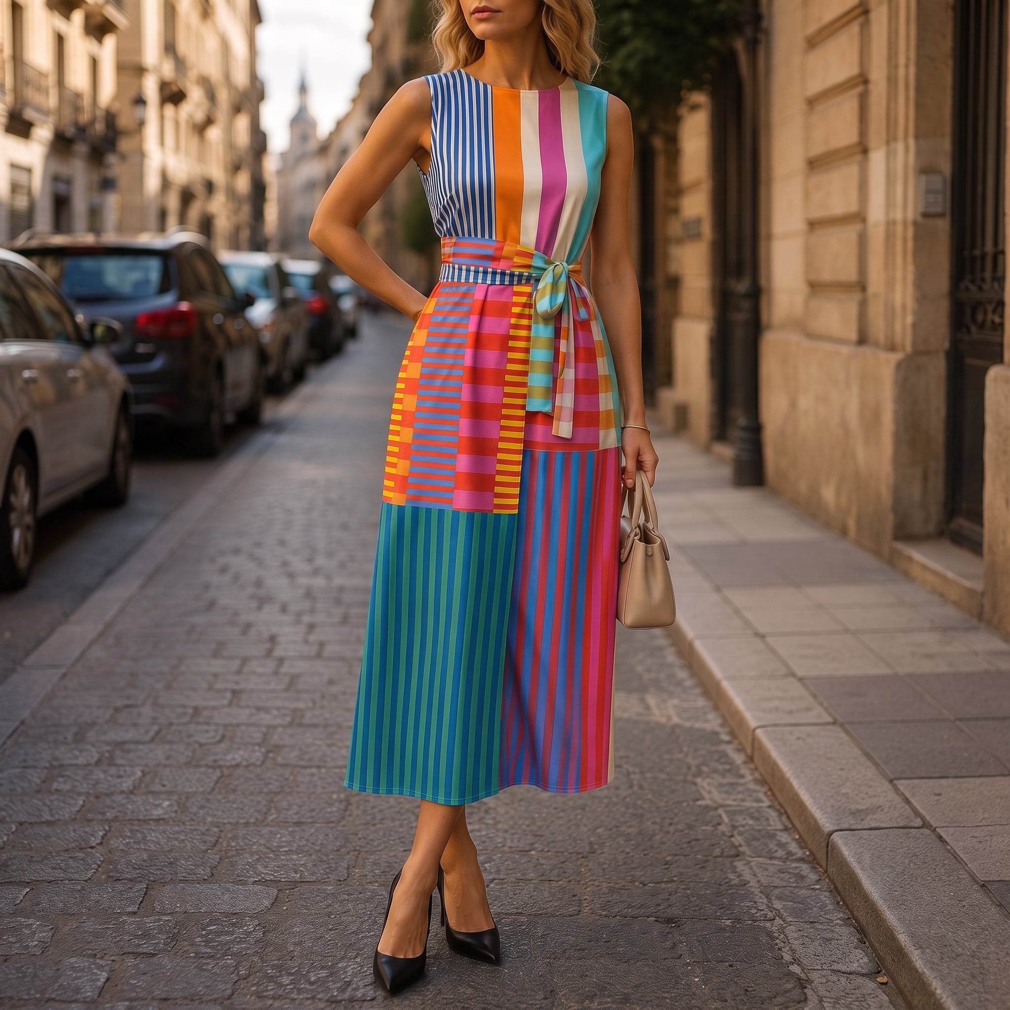 Georgia - Women's Summer Striped Belted Midi Dress