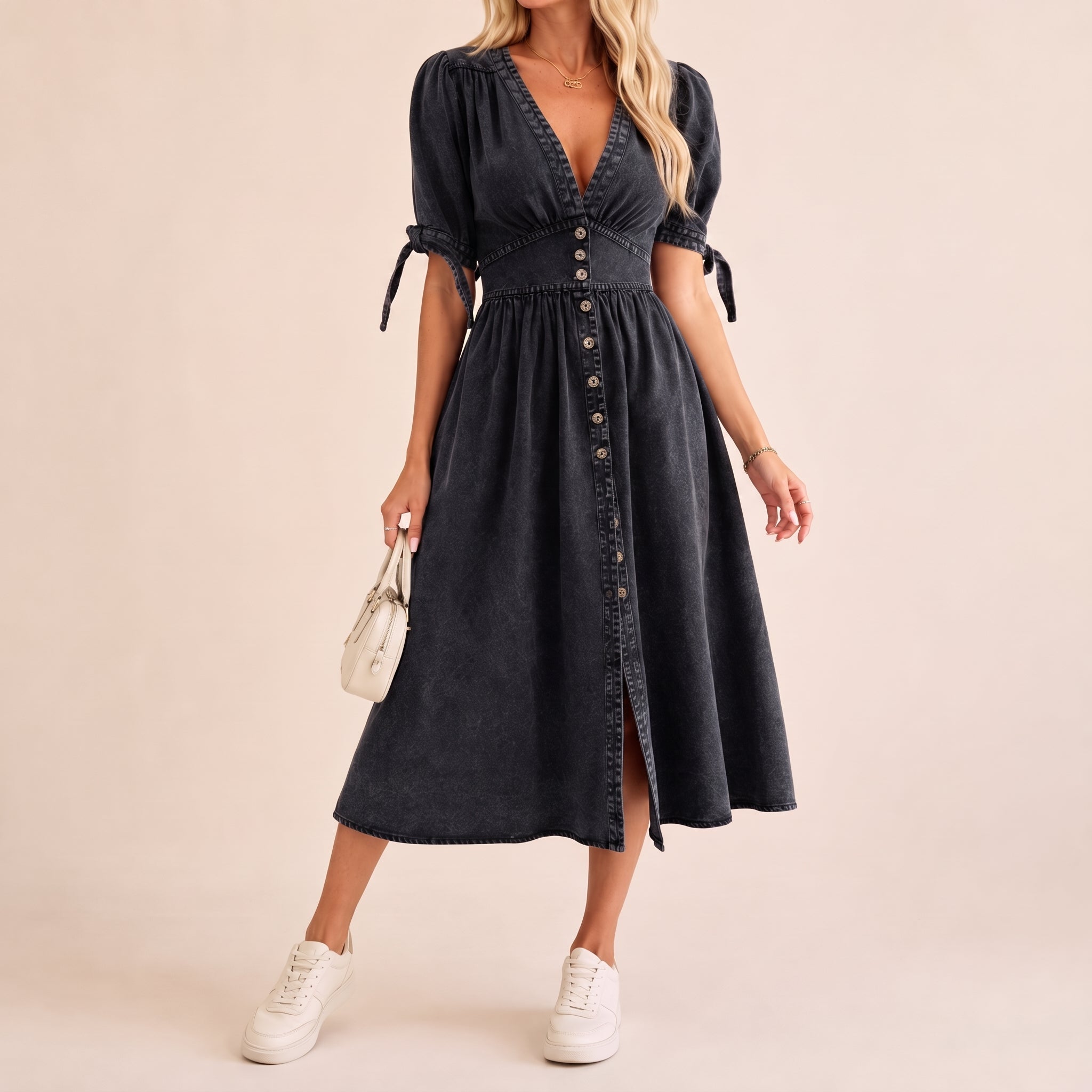 Sophie - Women's Summer Button-Down Midi Dress with Tie Sleeves