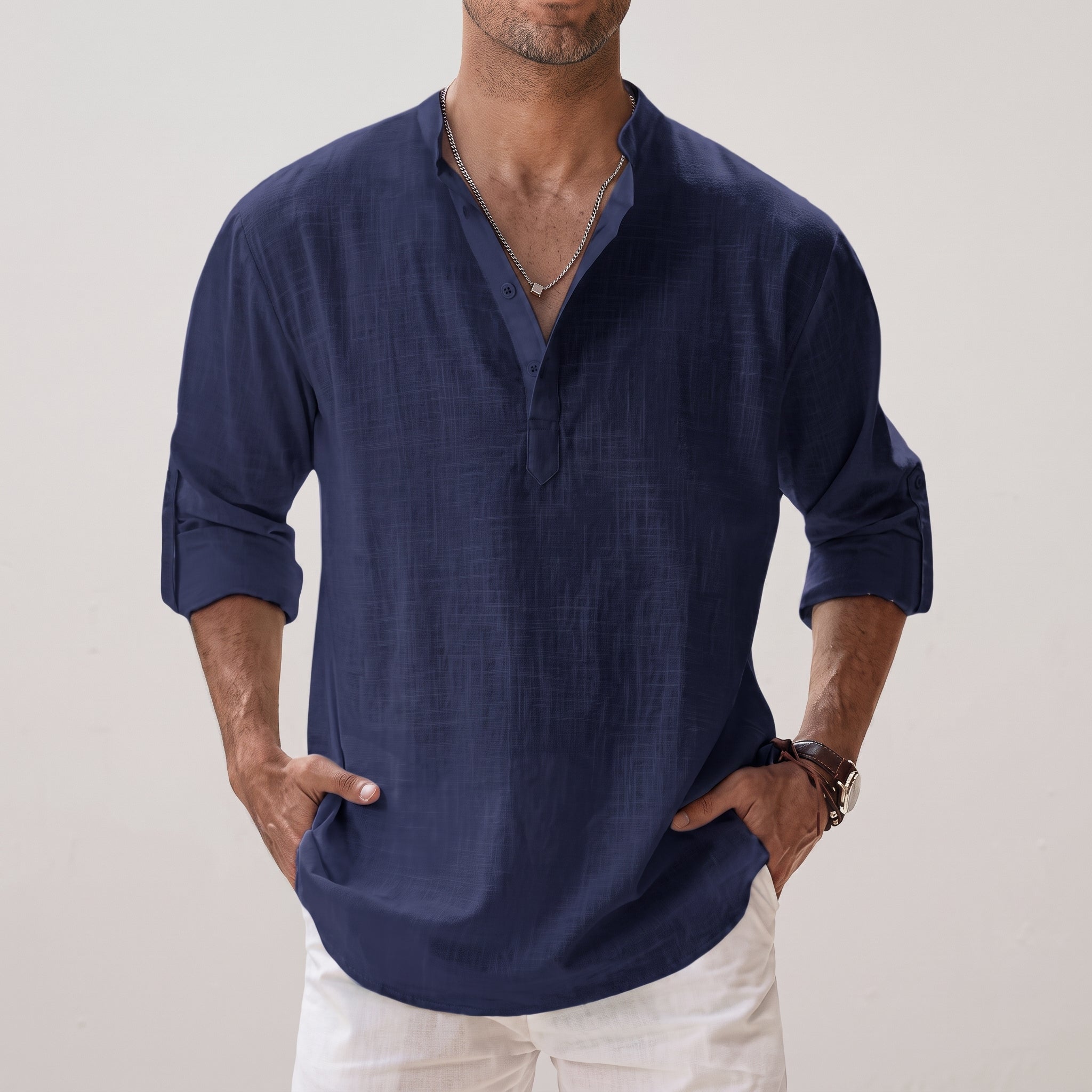 Arthur - Men's Summer Relaxed Fit Band Collar Henley Shirt