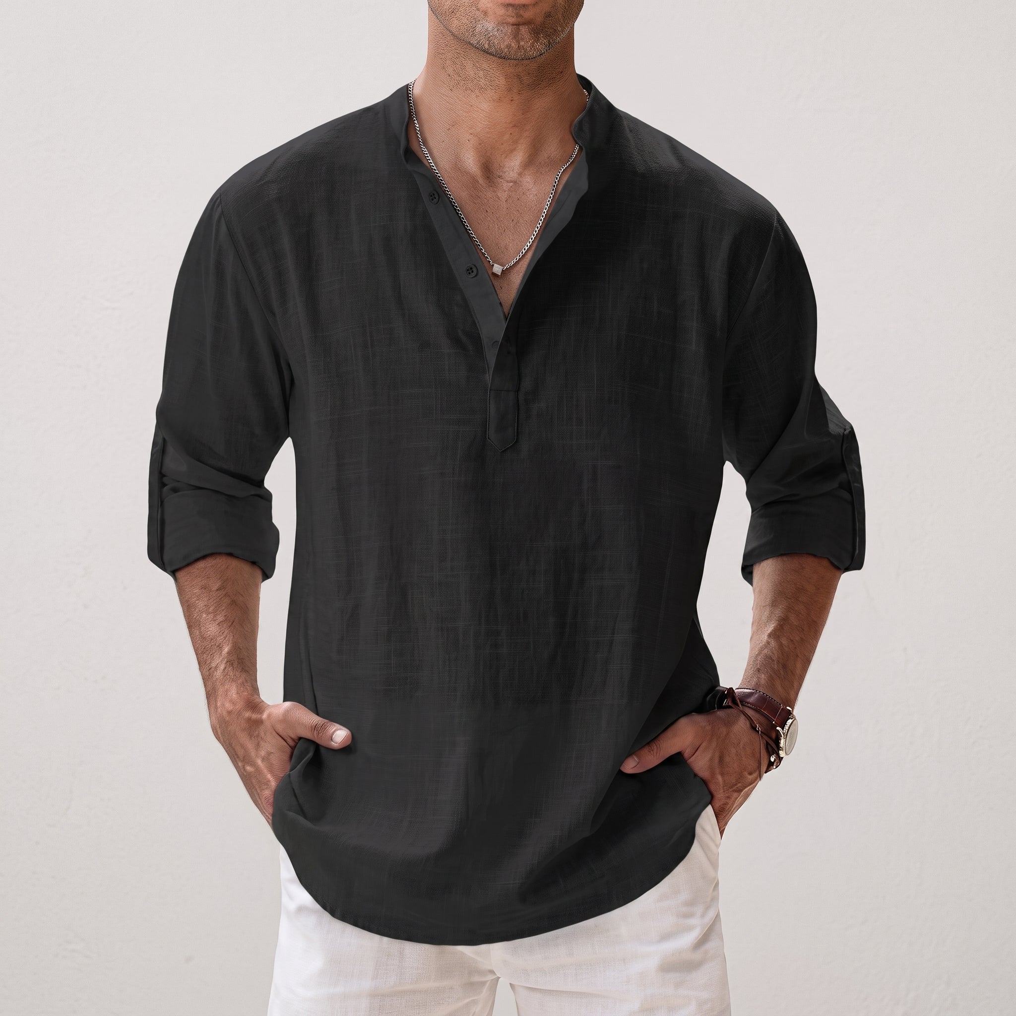 Arthur - Men's Summer Relaxed Fit Band Collar Henley Shirt