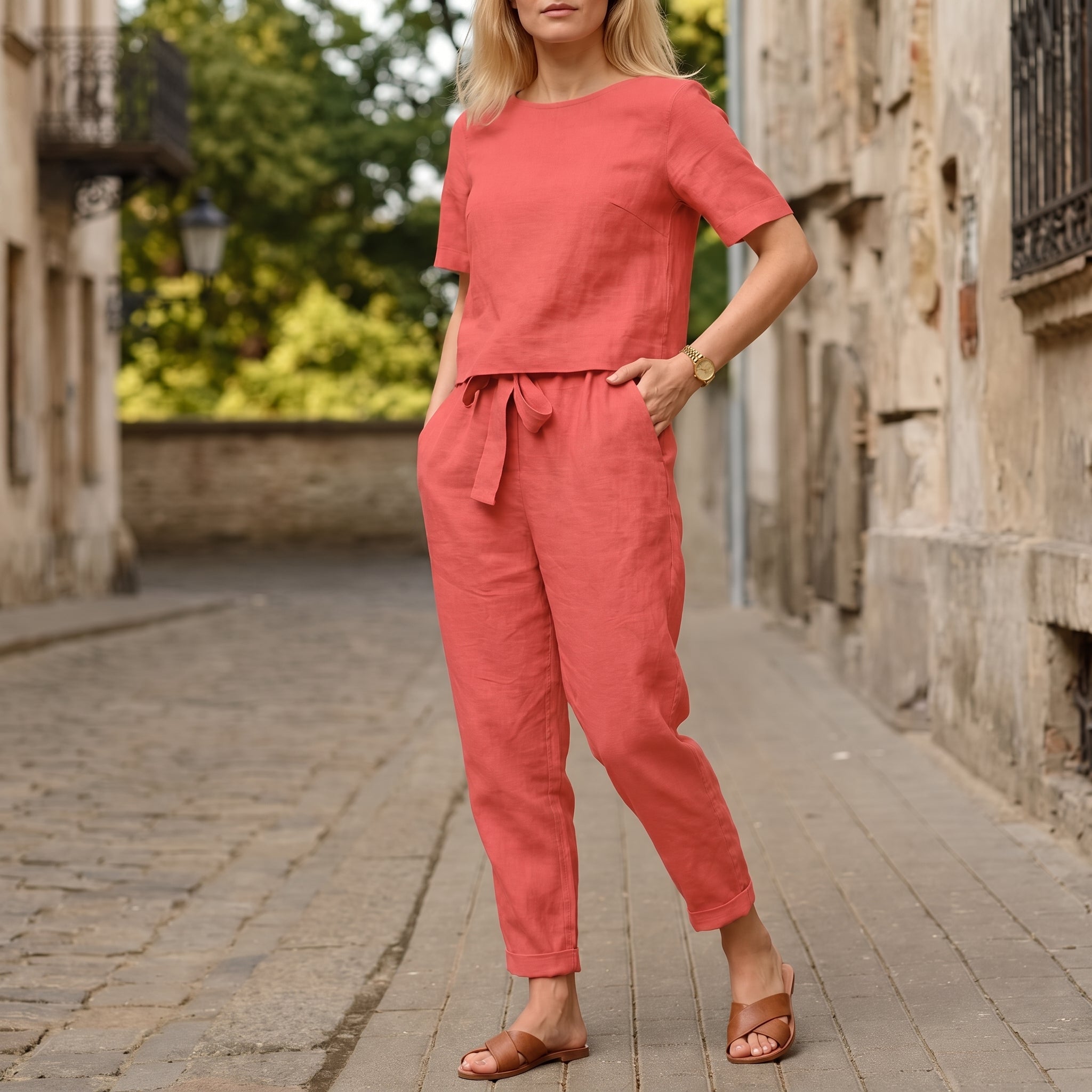 Phoebe - Women's Summer Short Sleeve Self-Tie Trouser Set