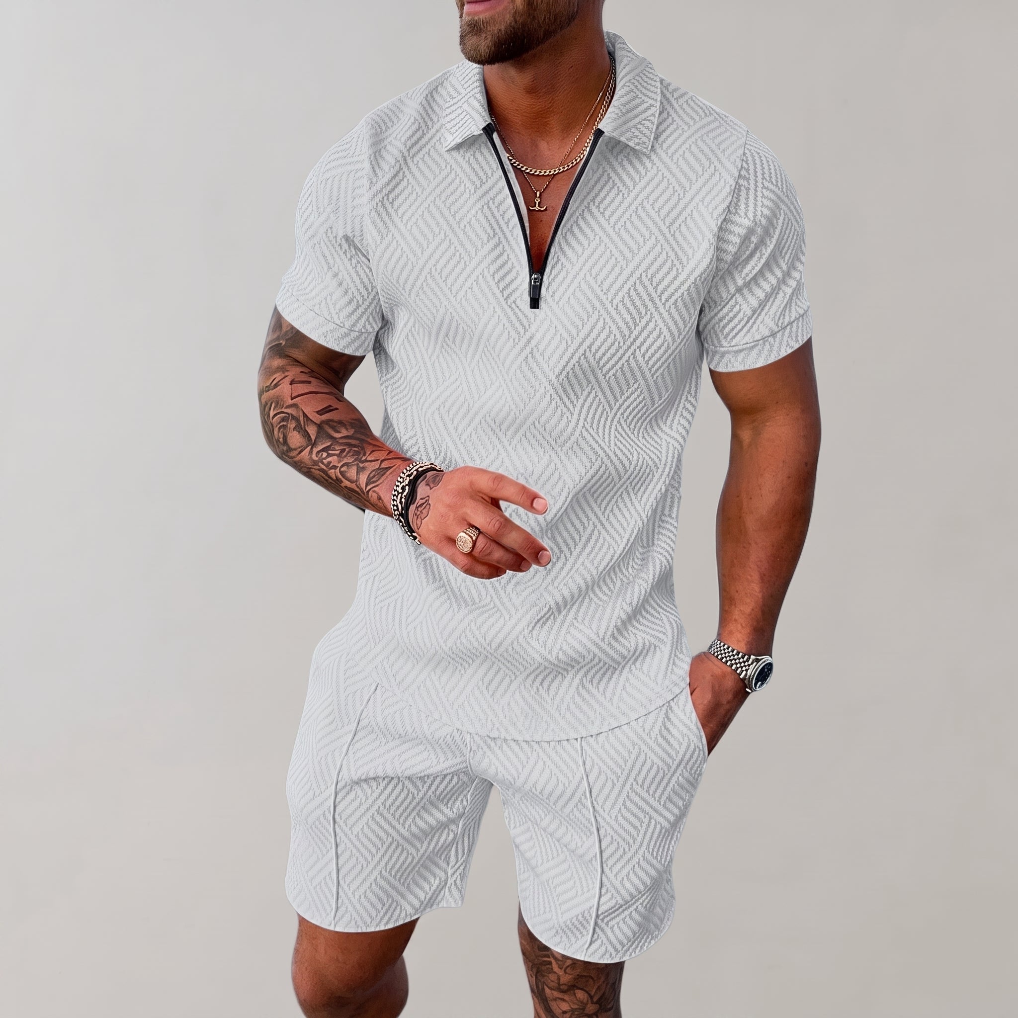 Nathan - Men's Summer Geometric Quarter-Zip Polo Co-ord Set