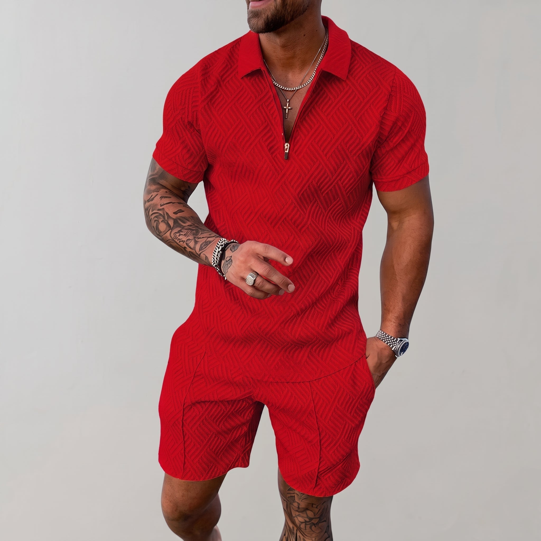 Nathan - Men's Summer Geometric Quarter-Zip Polo Co-ord Set