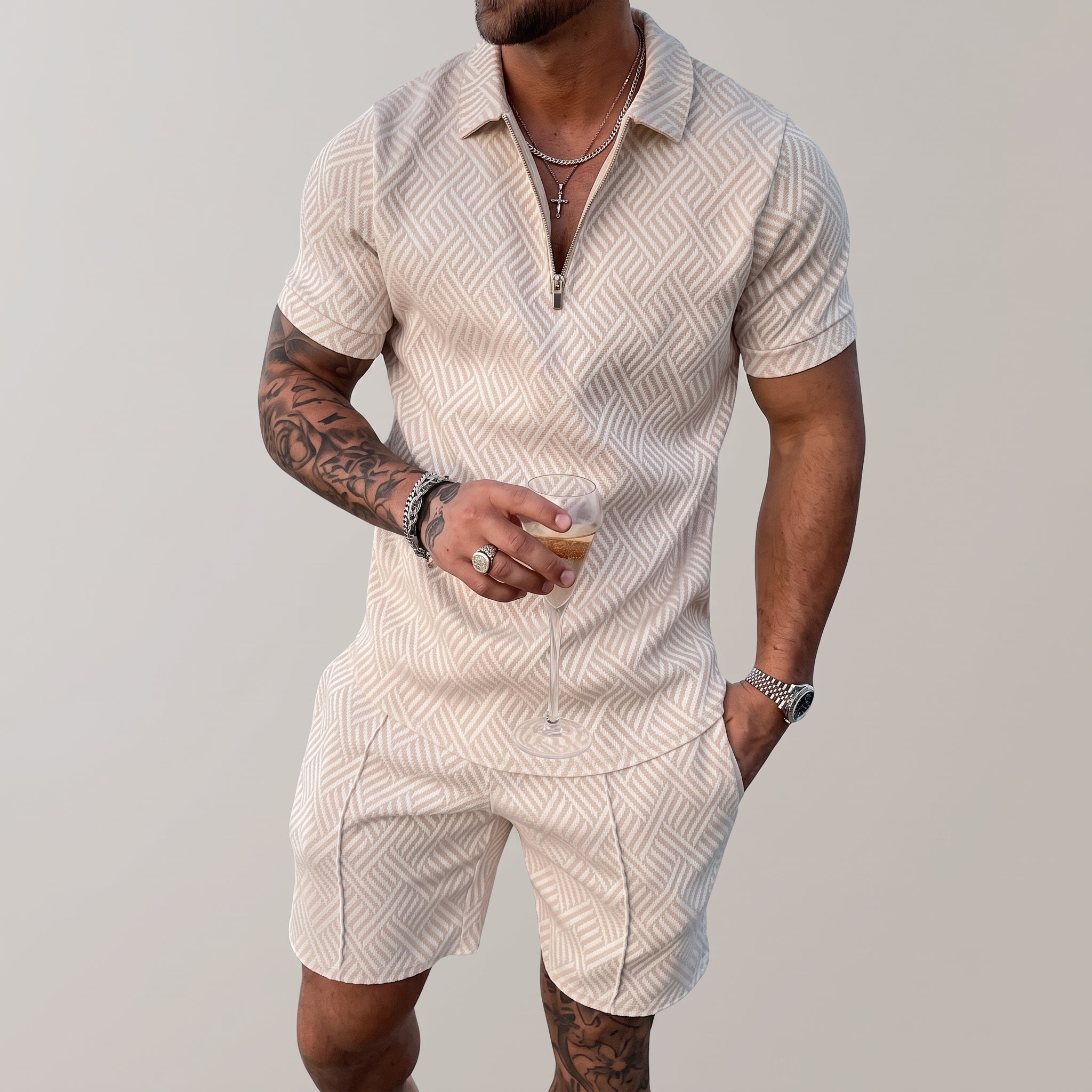 Nathan - Men's Summer Geometric Quarter-Zip Polo Co-ord Set