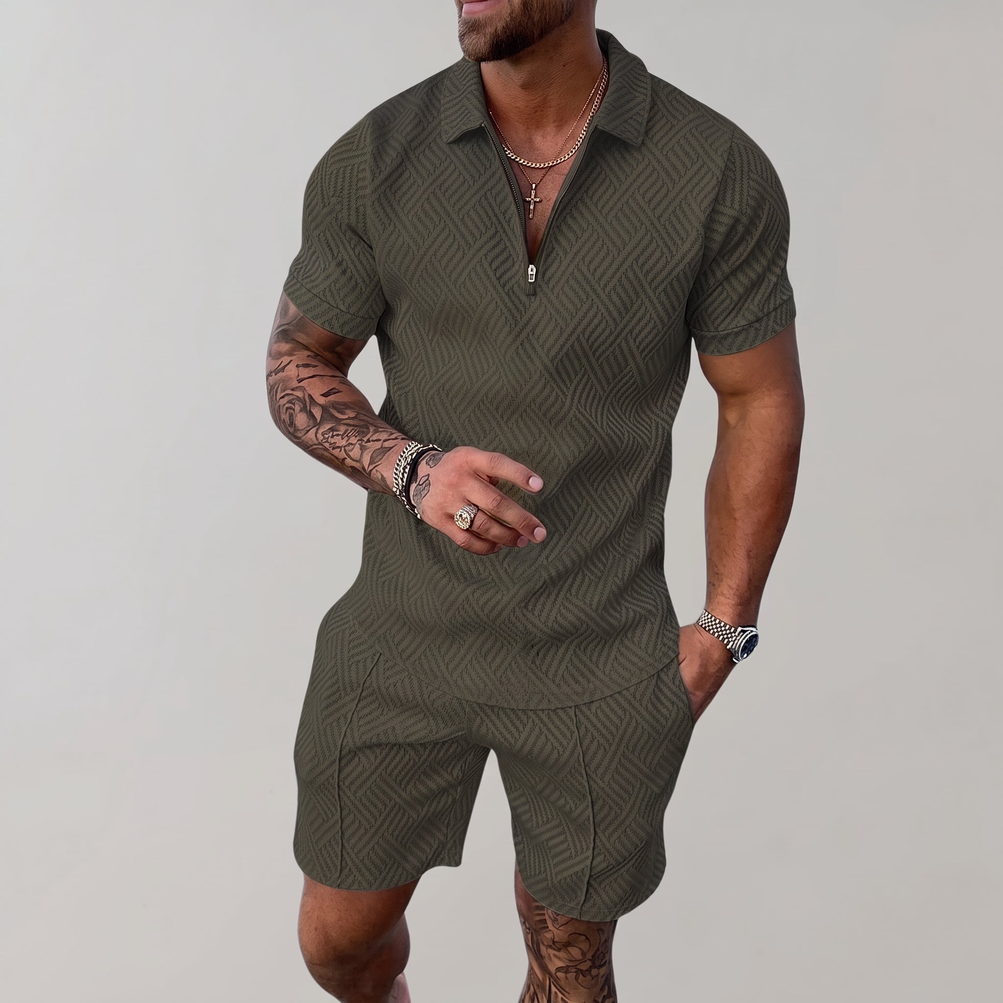 Nathan - Men's Summer Geometric Quarter-Zip Polo Co-ord Set