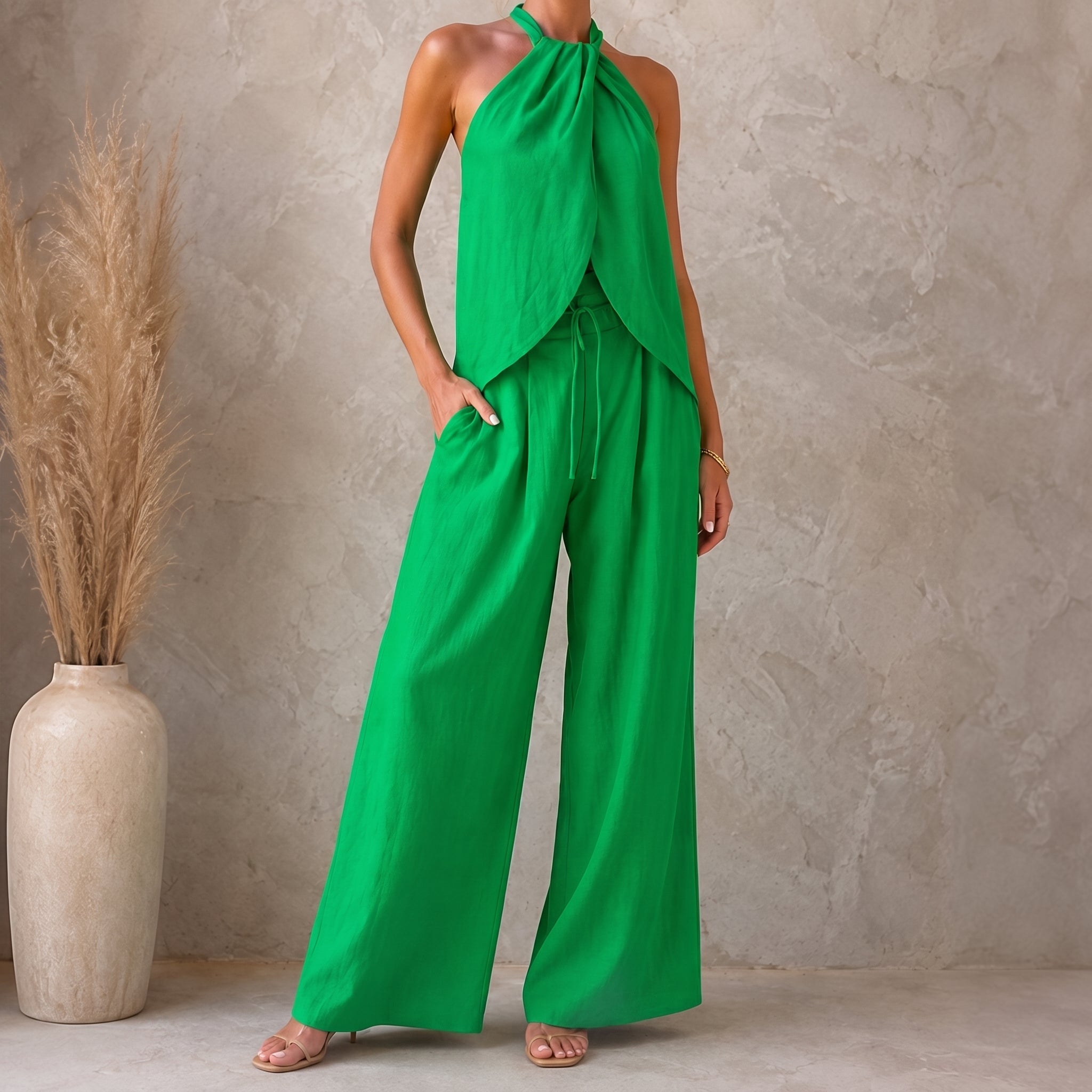 Phoebe - Women's Summer  Halter Neck Draped Wrap Co-ord Set