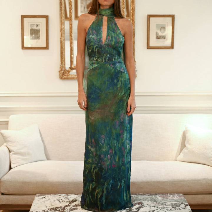 Alexandra - Women's Evening Halterneck Printed Maxi Dress