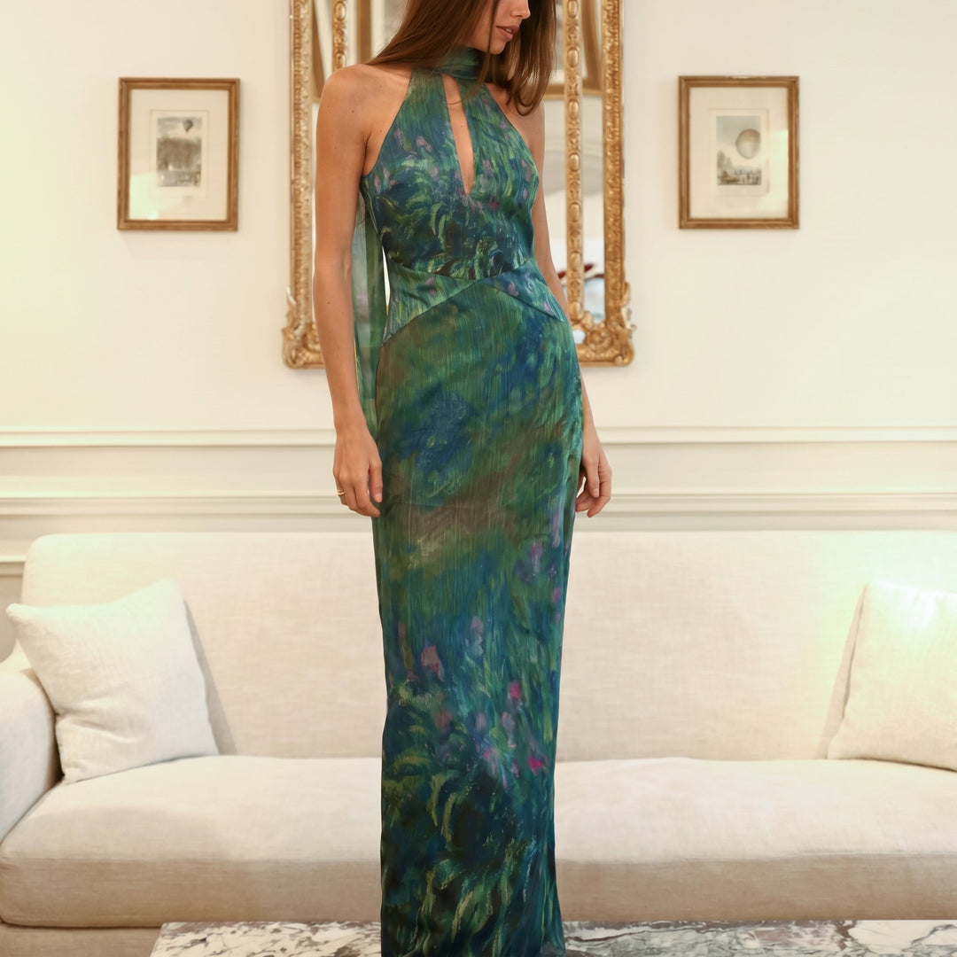 Alexandra - Women's Evening Halterneck Printed Maxi Dress