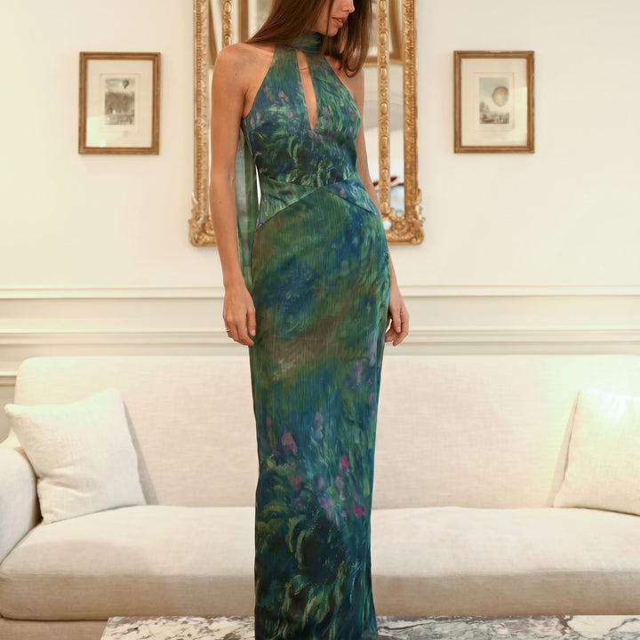 Alexandra - Women's Evening Halterneck Printed Maxi Dress