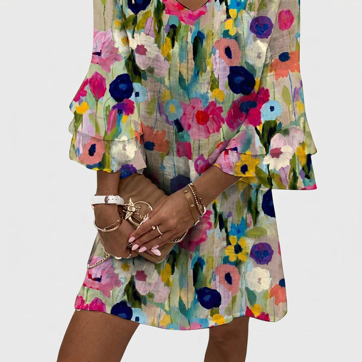 Freya - Women's Summer Floral Print Flared Sleeve Mini Dress