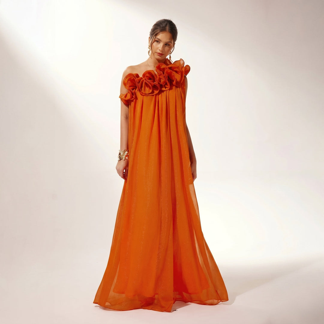 Sofia - Women's Evening One-Shoulder Rosette Maxi Dress