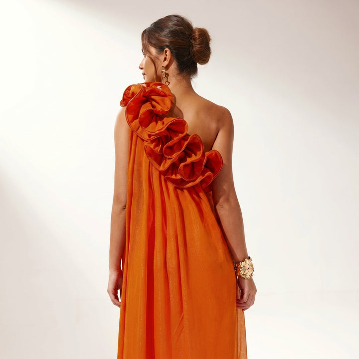 Sofia - Women's Evening One-Shoulder Rosette Maxi Dress