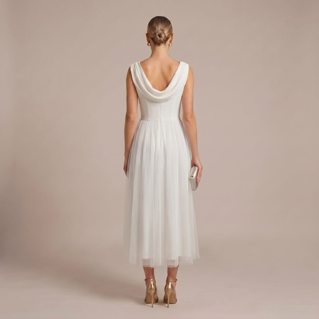 Clara - Women's Summer Pleated Cowl Back Midi Dress