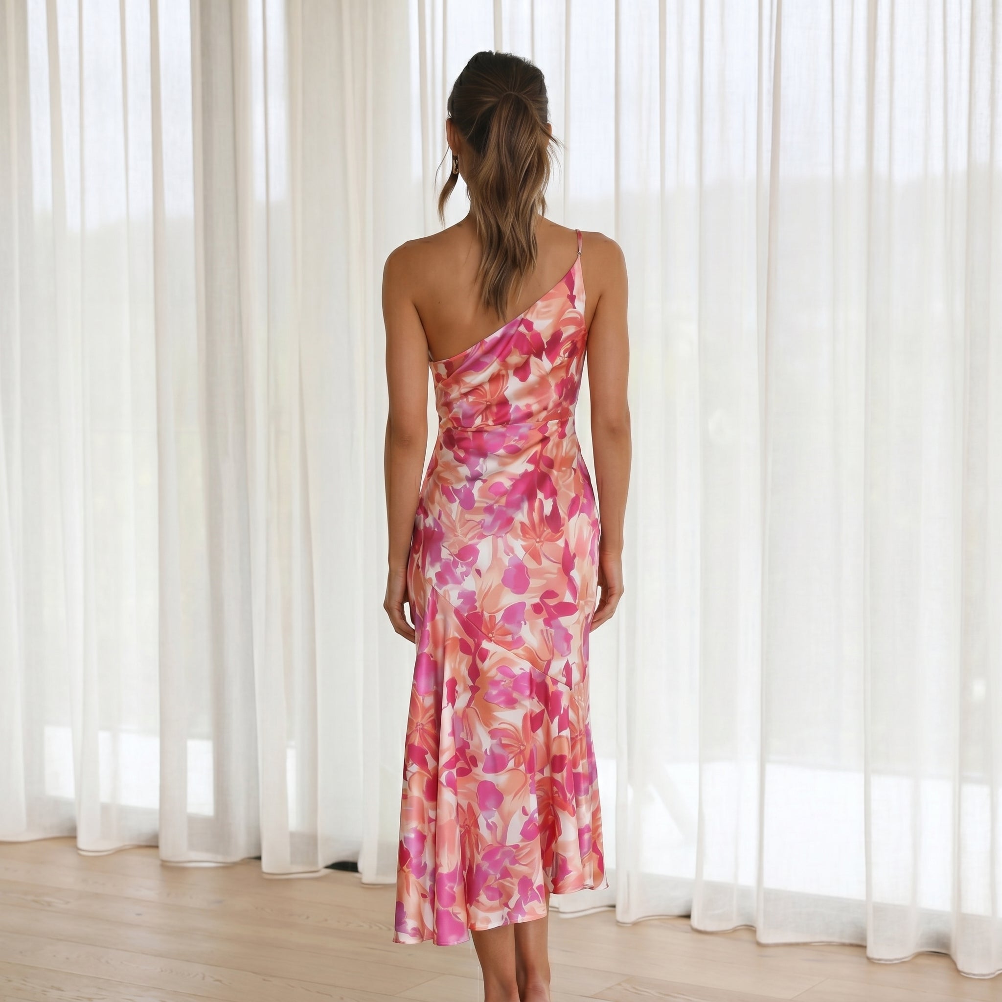 Grace - Women's Floral One-Shoulder Wedding Guest Midi Dress